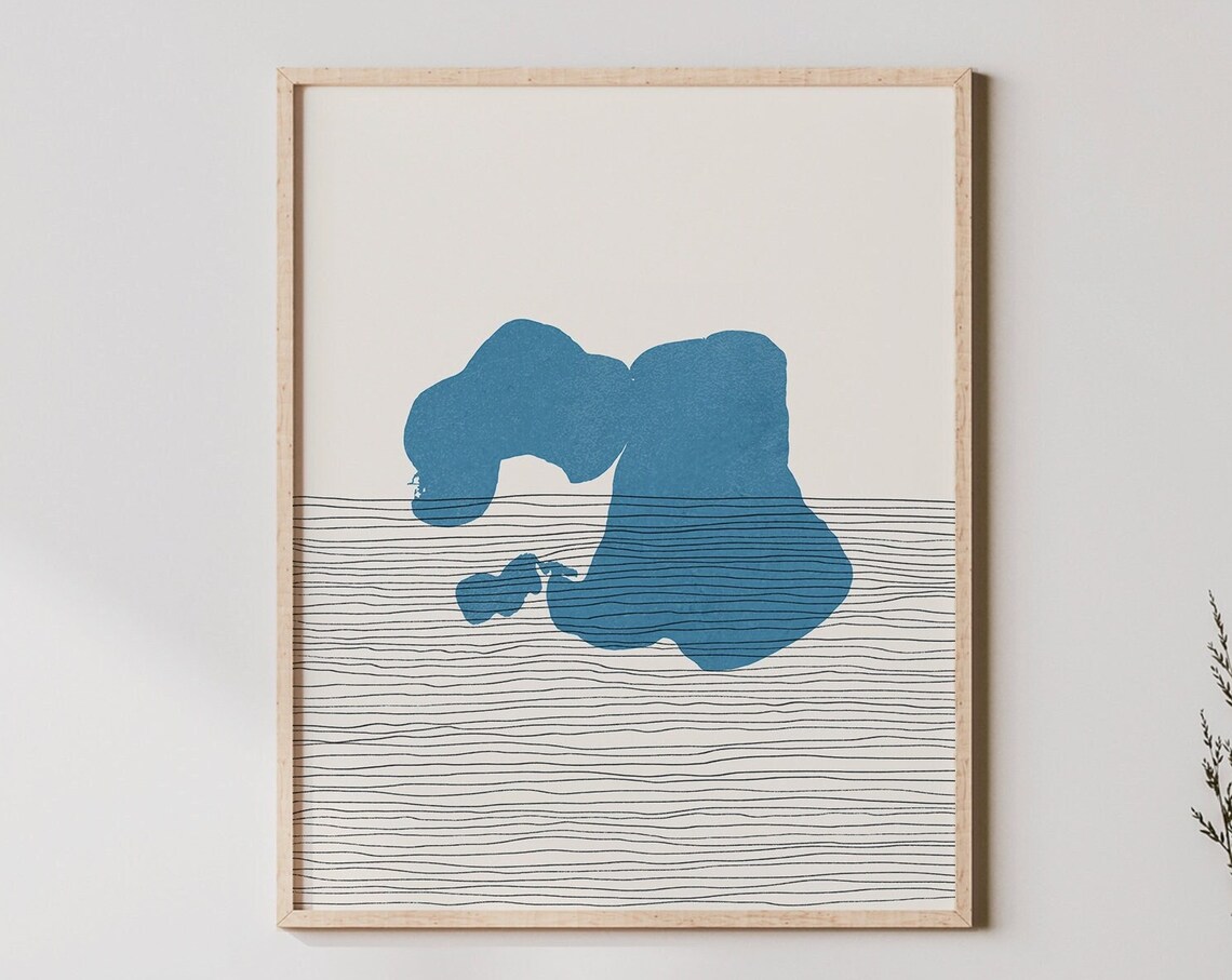 Abstract Blue Water Minimalist Line Art Coastal Lake Calm Poster