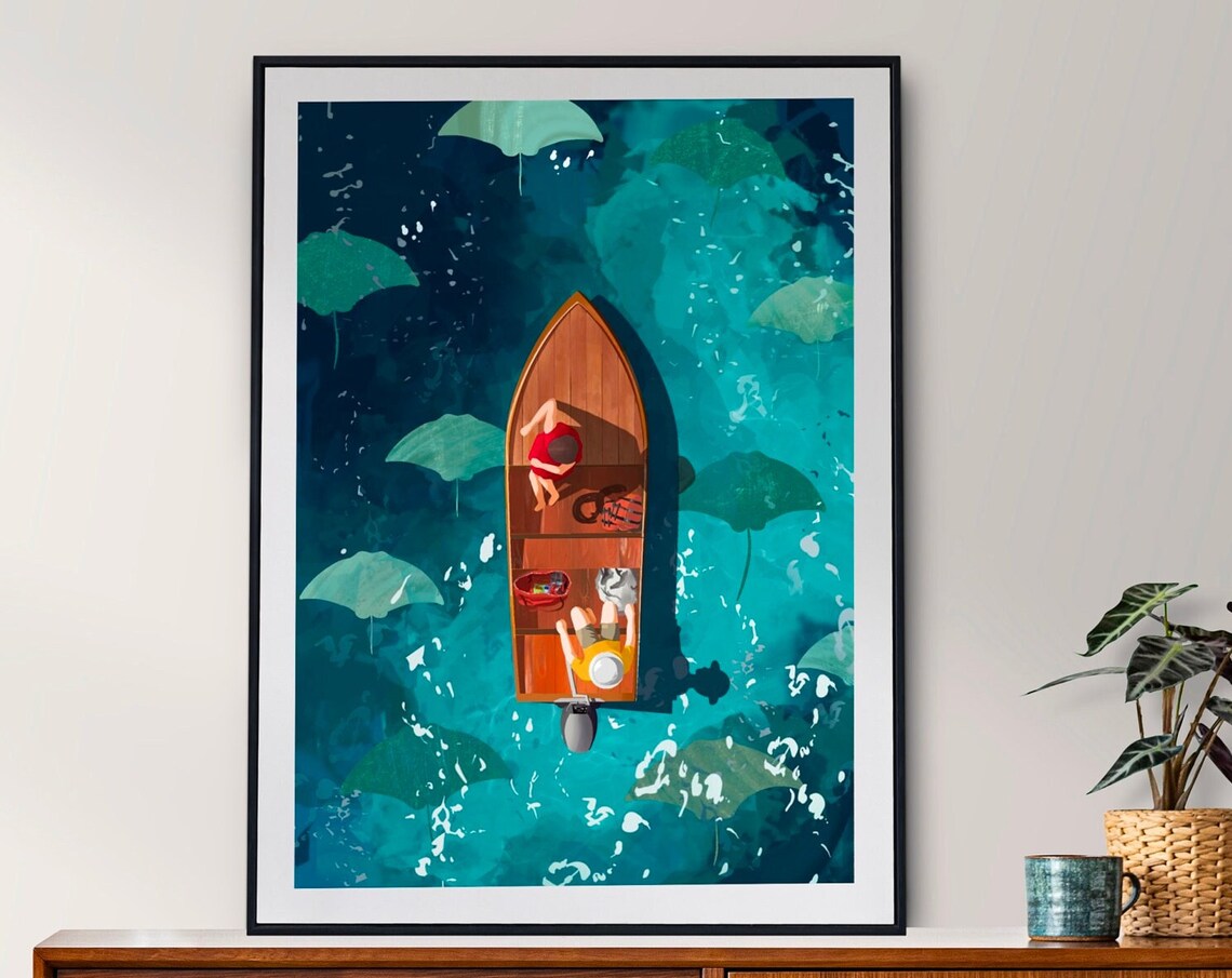 Aerial Rowboat On Turquoise Water Lake Summer Adventure Wall Art