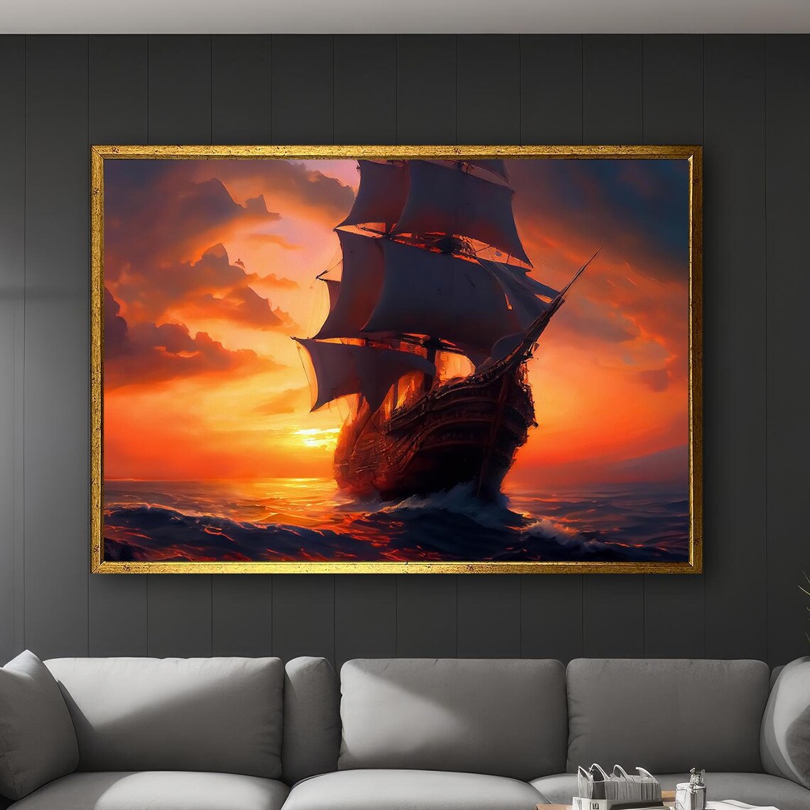 Pirate Ship Adventure At Sunset, Nautical Decor