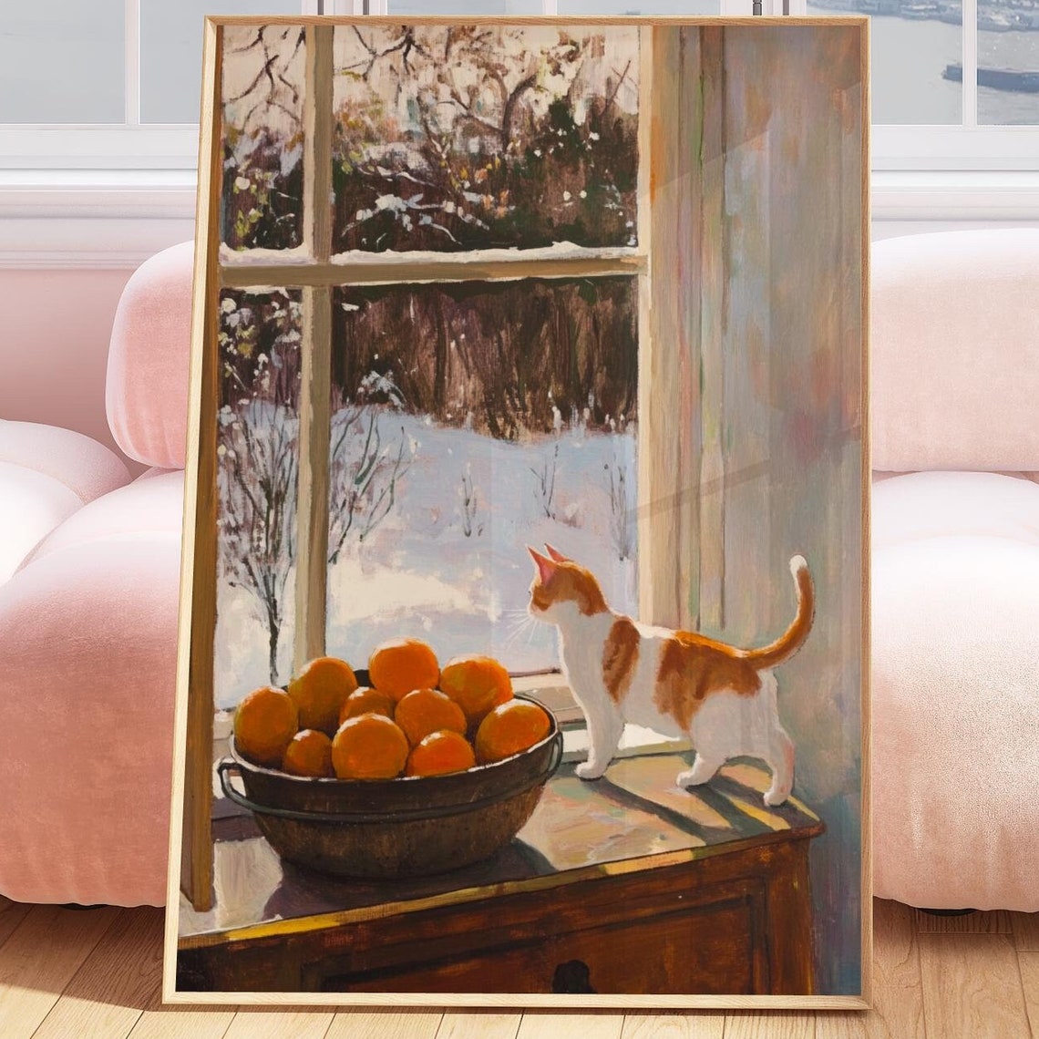 Orange and White Cat on Windowsill with Bowl of Oranges Poster