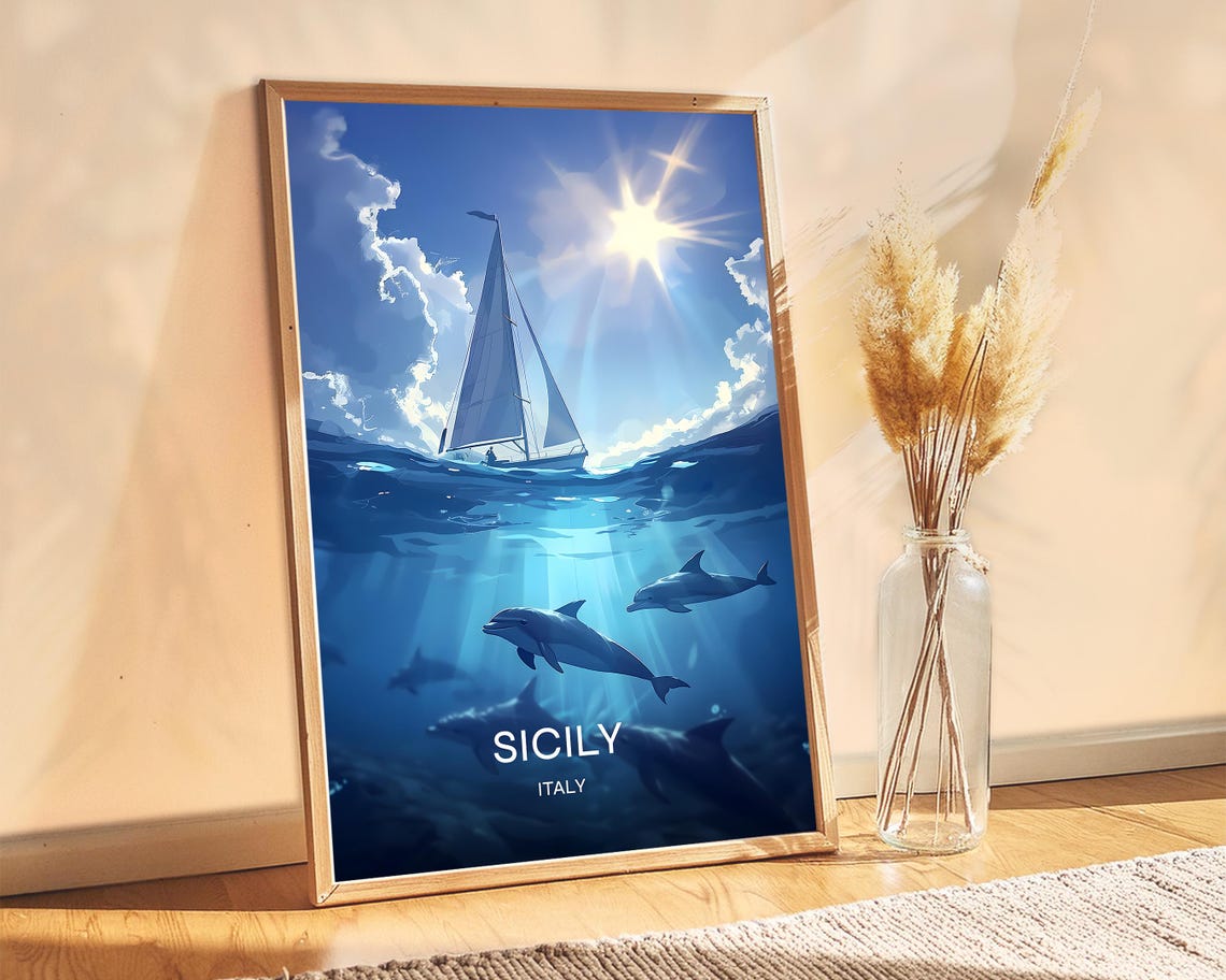 Sicily Italy Sailboat Dolphins Underwater Split View Travel Poster