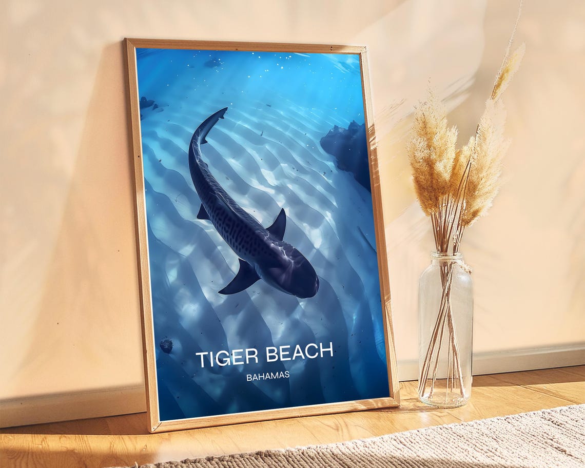 Tiger Beach Bahamas Shark Sand Ripples Ocean Dive Travel Poster