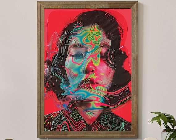 Glitch Neon Woman Face Red Pink Swirl Cyber Digital Art Poster