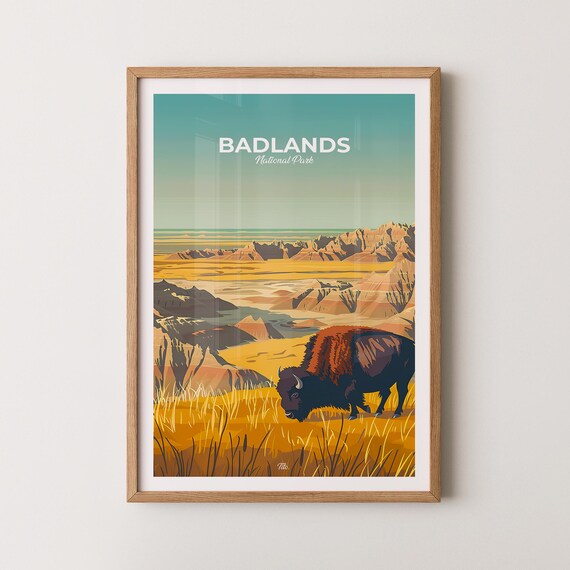 Badlands National Park Bison Golden Prairie Vintage Travel Poster