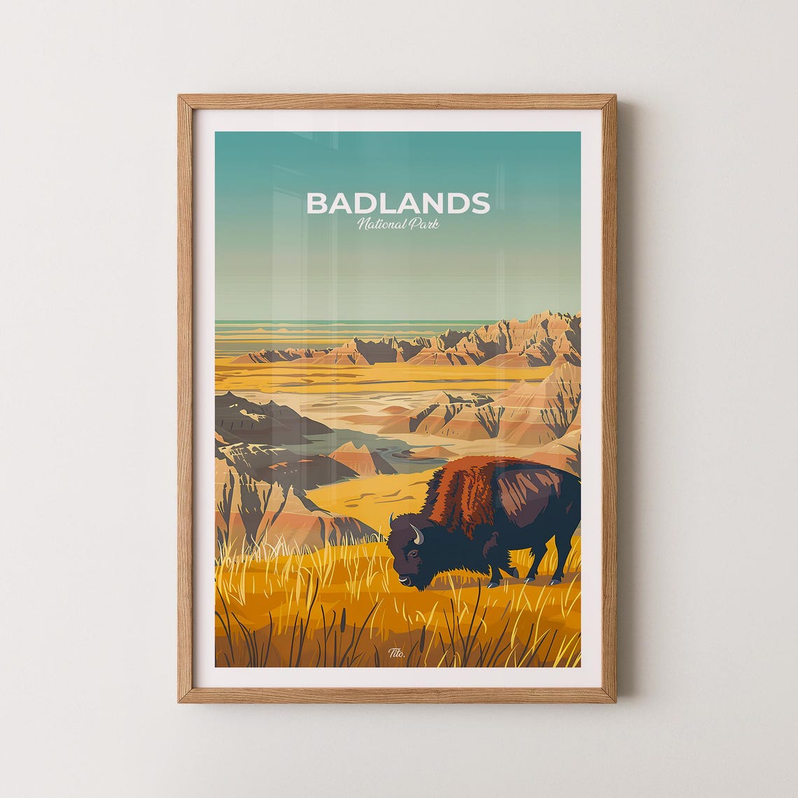 Badlands National Park Bison Golden Prairie Vintage Travel Poster