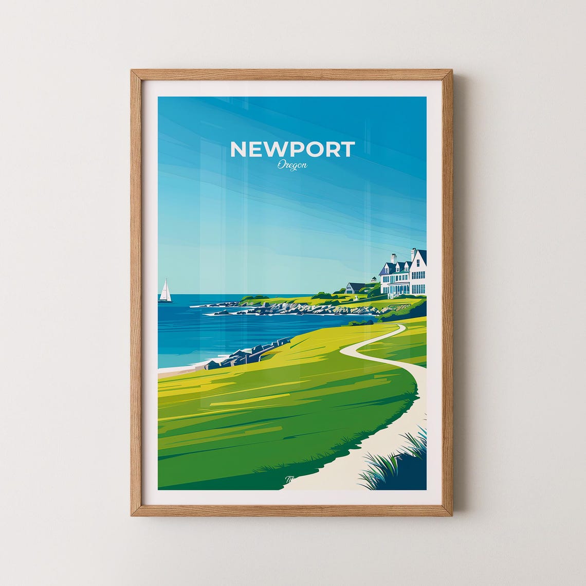 Newport Oregon Coast Poster Seaside Mansion Sailboat Path Scene