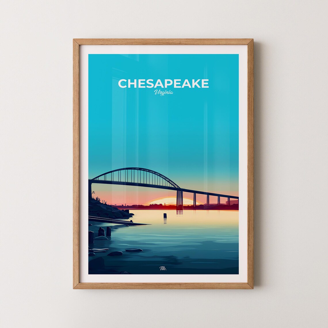 Chesapeake Virginia Bay Bridge Sunset Harbor Scenic Travel Poster