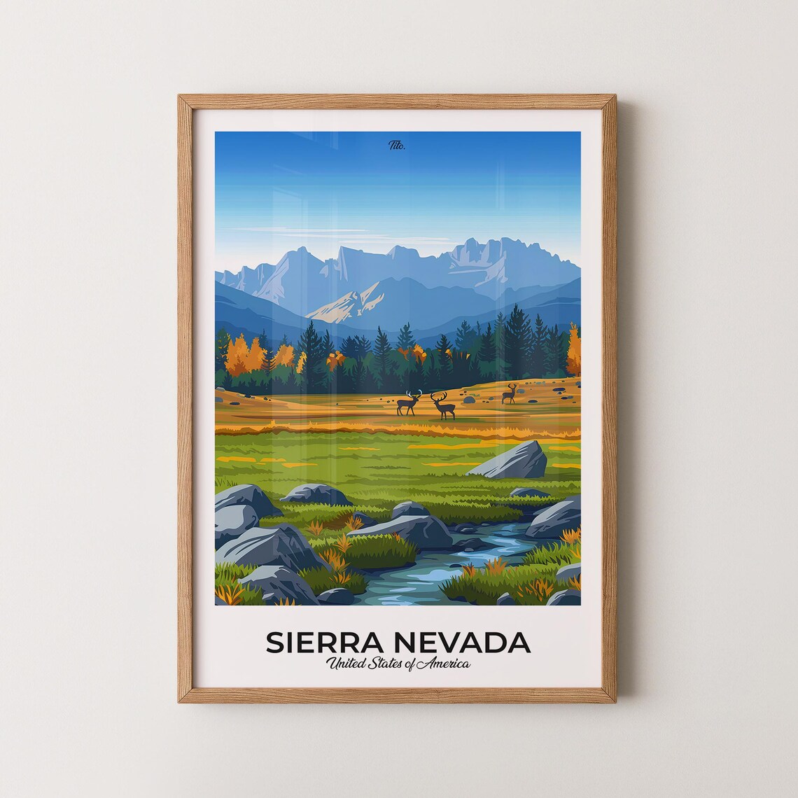 Sierra Nevada USA Deer Meadow Mountain Stream Scenic Travel Poster