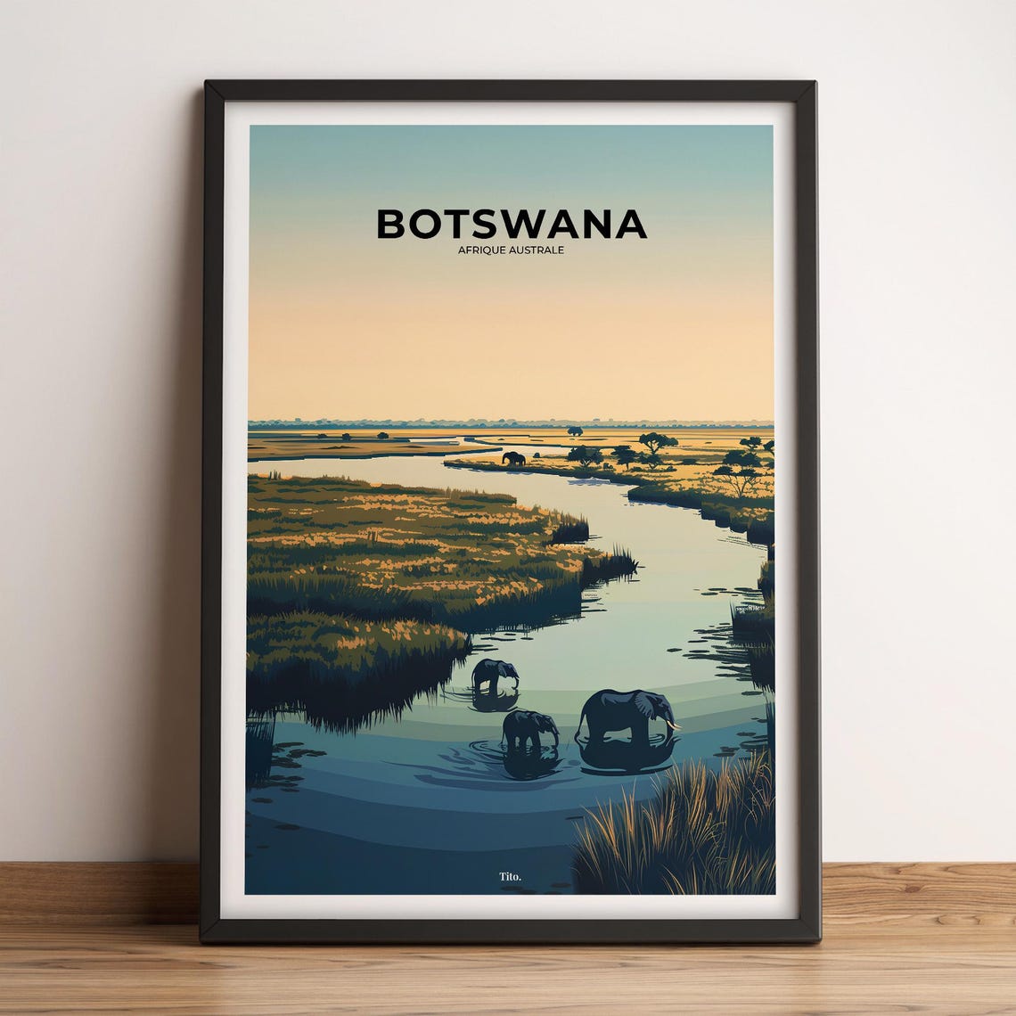 Botswana African Safari Elephants River Delta Wildlife Travel Poster