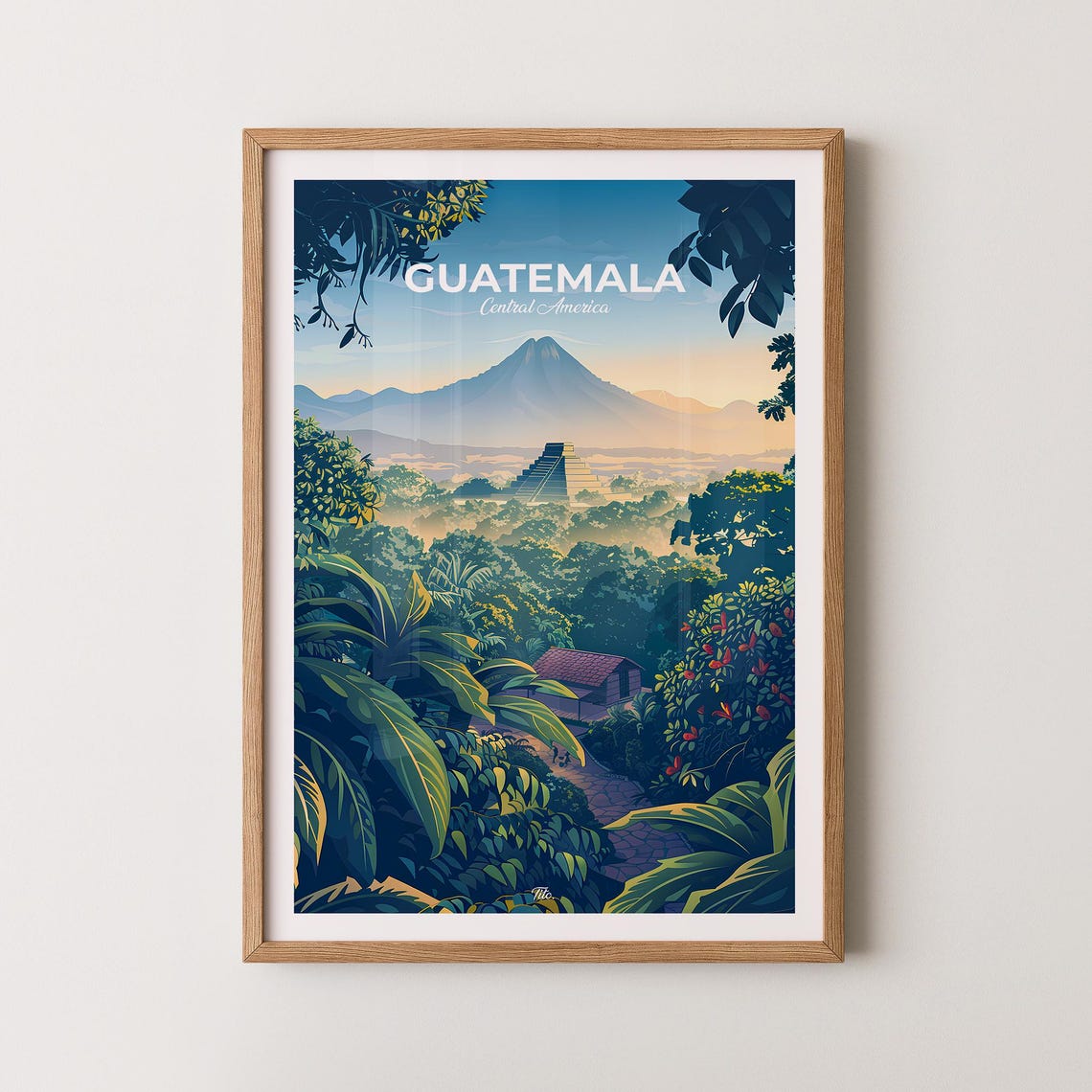 Guatemala Central America Volcano Mayan Pyramid Jungle Sunrise Poster