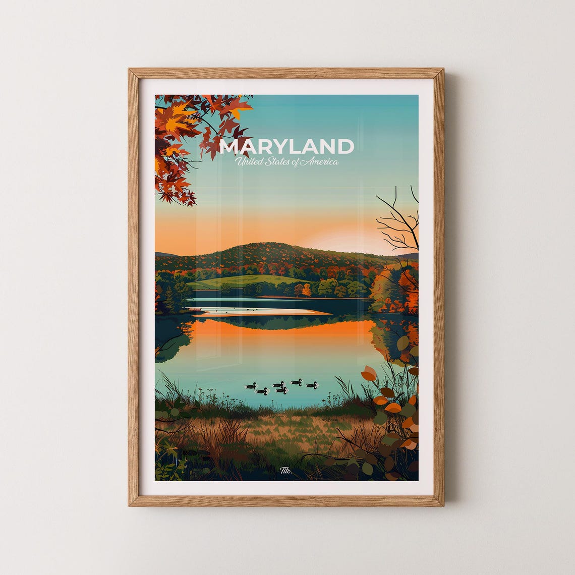 Maryland Fall Autumn Lake Sunset Poster with Ducks and Maple
