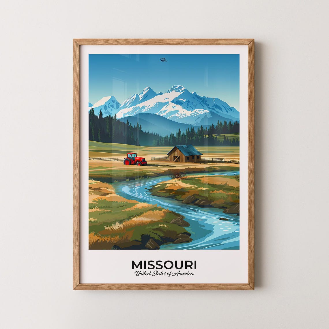 Missouri Farmhouse Red Tractor River Valley Mountains Poster