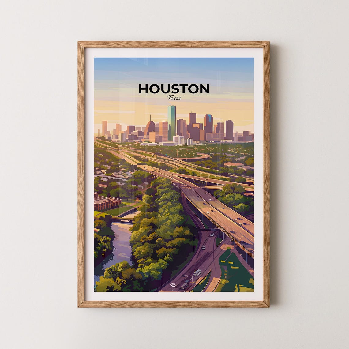 Houston Texas Downtown Skyline Freeway Sunset Scene Travel Poster