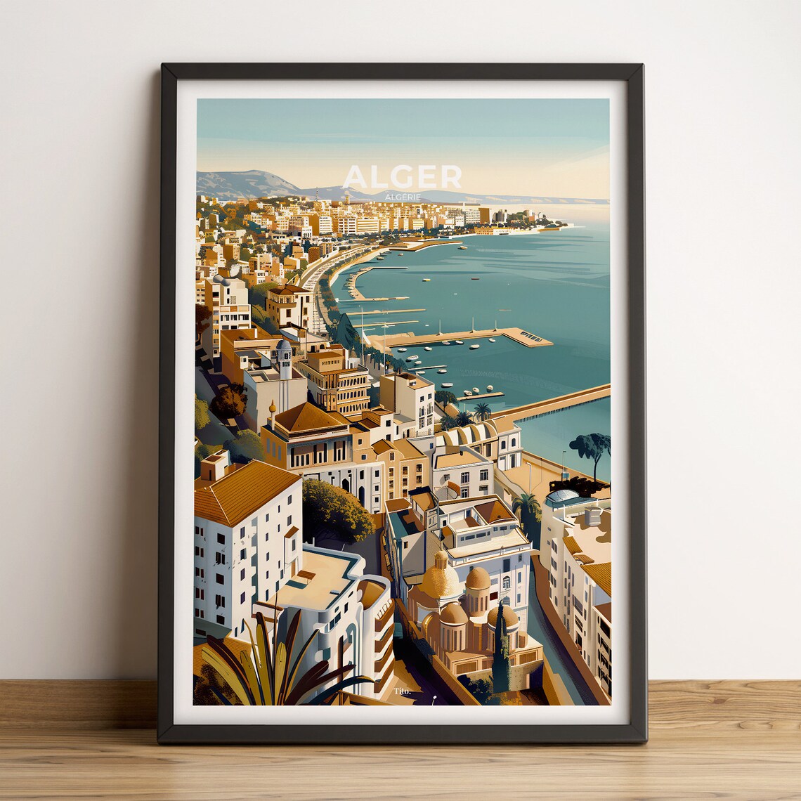 Algiers Algeria Bay Waterfront White City Vintage Travel Poster