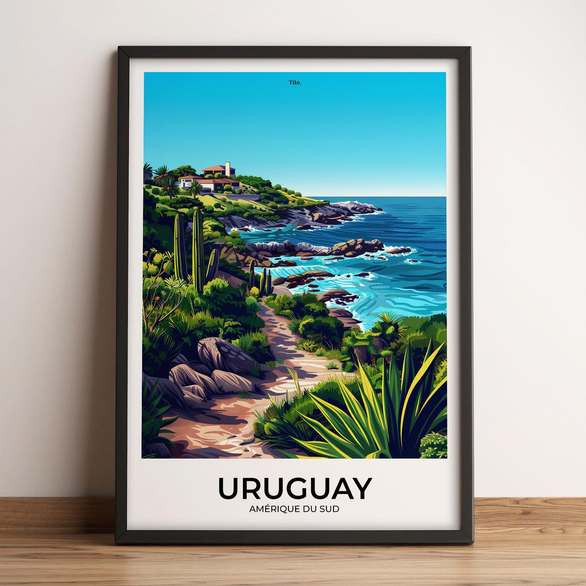 Uruguay South America Rocky Coastline Cacti Ocean View Travel Poster