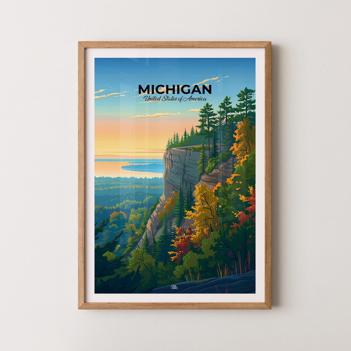 Michigan Sunset Cliff Overlook Fall Forest Vintage Travel Poster