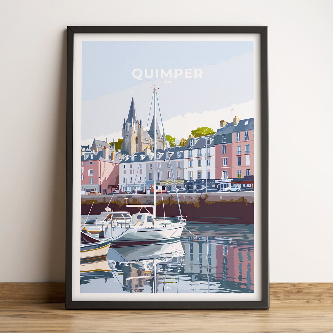 Quimper Brittany Old Port Marina Sunrise Boats France Travel Poster