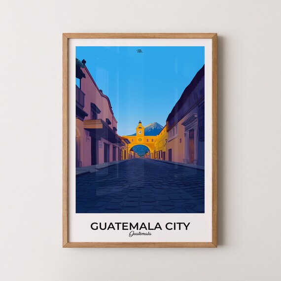 Guatemala City Cobblestone Street Arch Colonial Sunset Art Poster