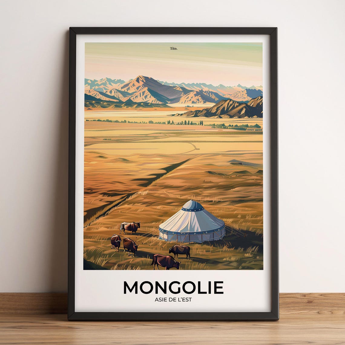 Mongolia Steppe Yurt Yaks Golden Grassland Retro Travel Poster