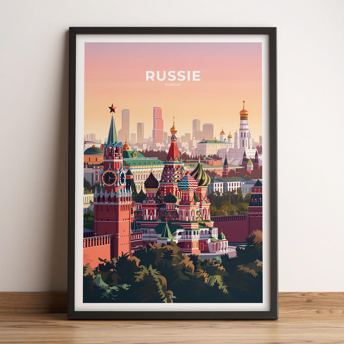 Russia Moscow Kremlin Sunset Golden Skyline Scenic Travel Poster