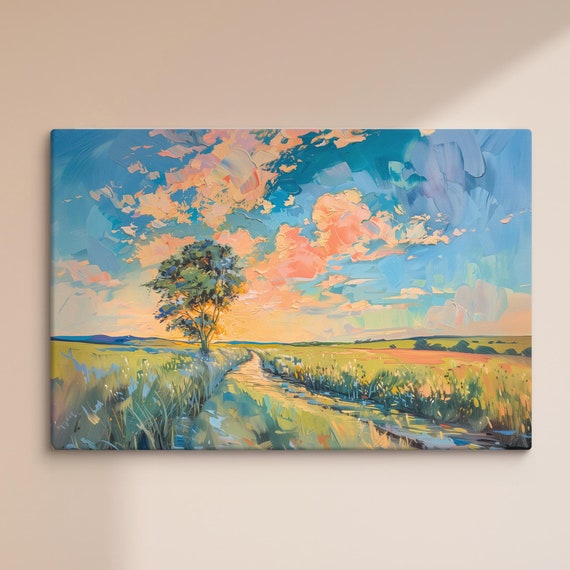Vibrant Sunset Countryside Pathway Impressionist Print Inspired By Monet Peaceful Rural Scenery Wall Art