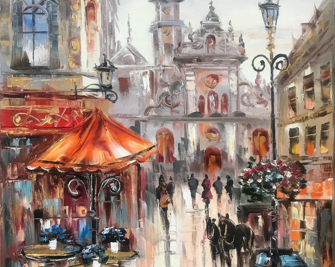 European Cityscape Painting Original Europe Wall Art Travel Town Abstract City Painting On Modern Cityscape Art European Cafe Art