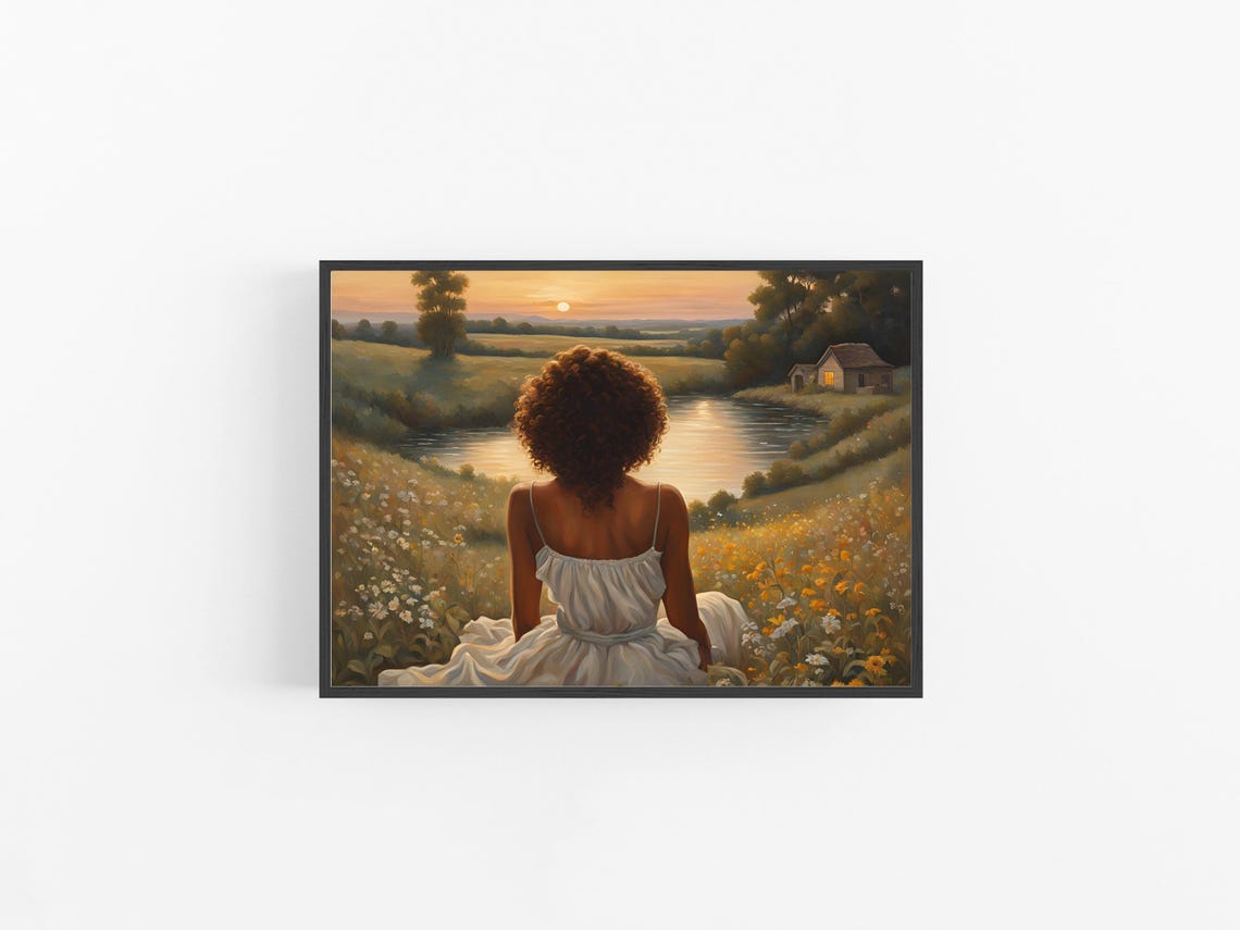 Wildflower Field Painting Vintage Women Portrait Cottage Garden Decor Print Farmhouse Oil Painting Moody Vintage Wildflower Wall Art - Image 2