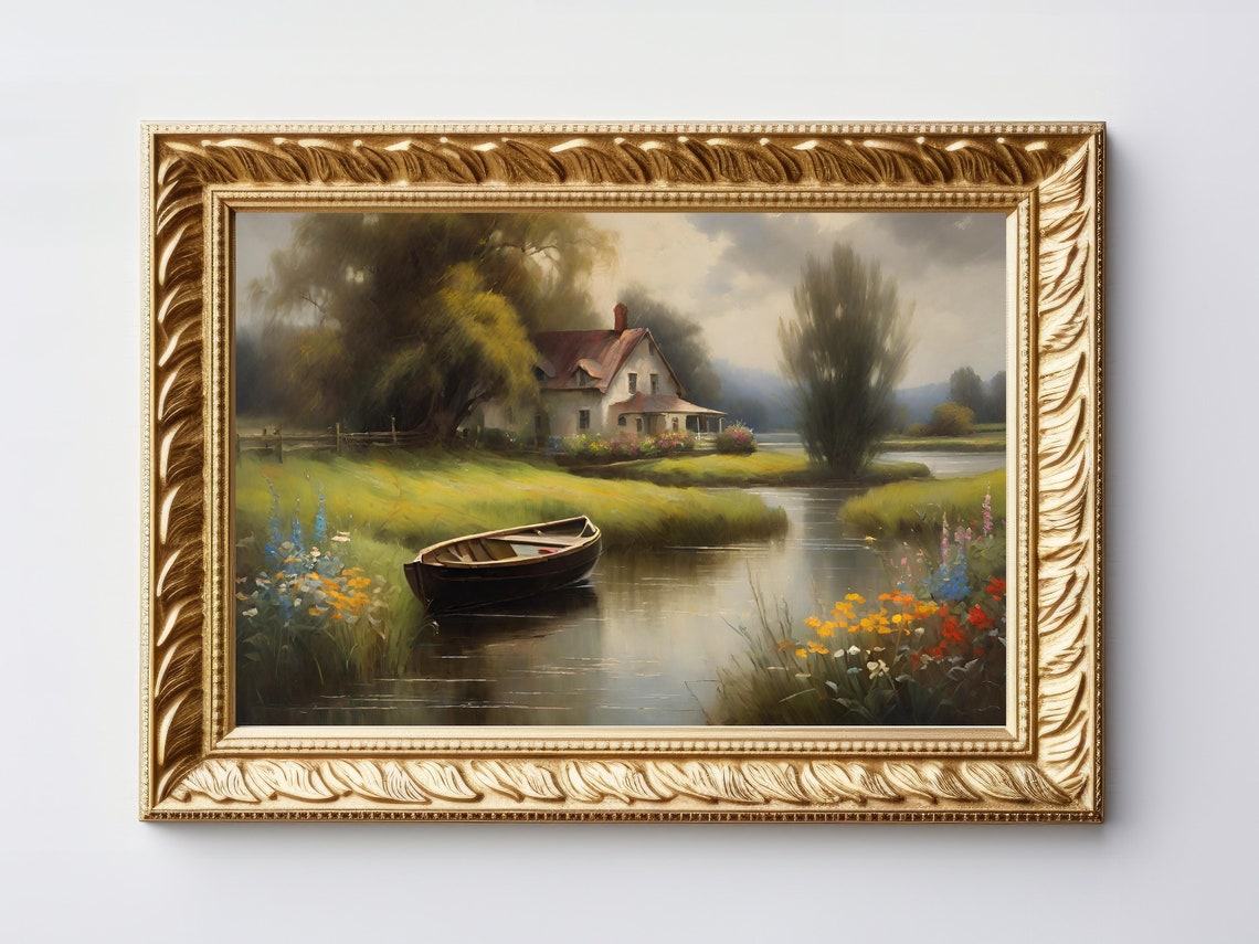 Lakeside Cottage with Rowboat and Wildflowers Vintage Landscape Poster - Image 4