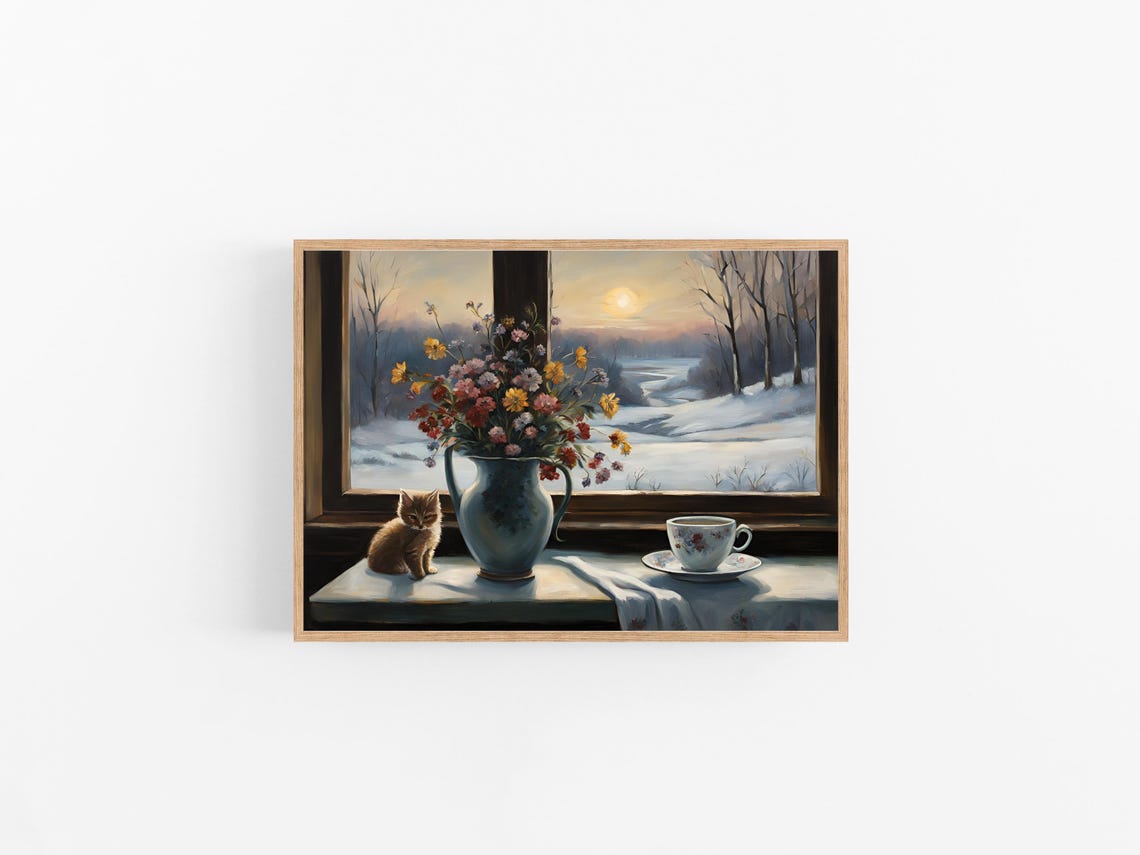 Kitten and Wildflowers on Windowsill Snowy Sunset Vintage Art Print - Image 5