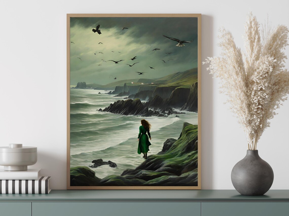 Woman Green Dress Stormy Rocky Coast Seabirds Moody Painting Poster - Image 6