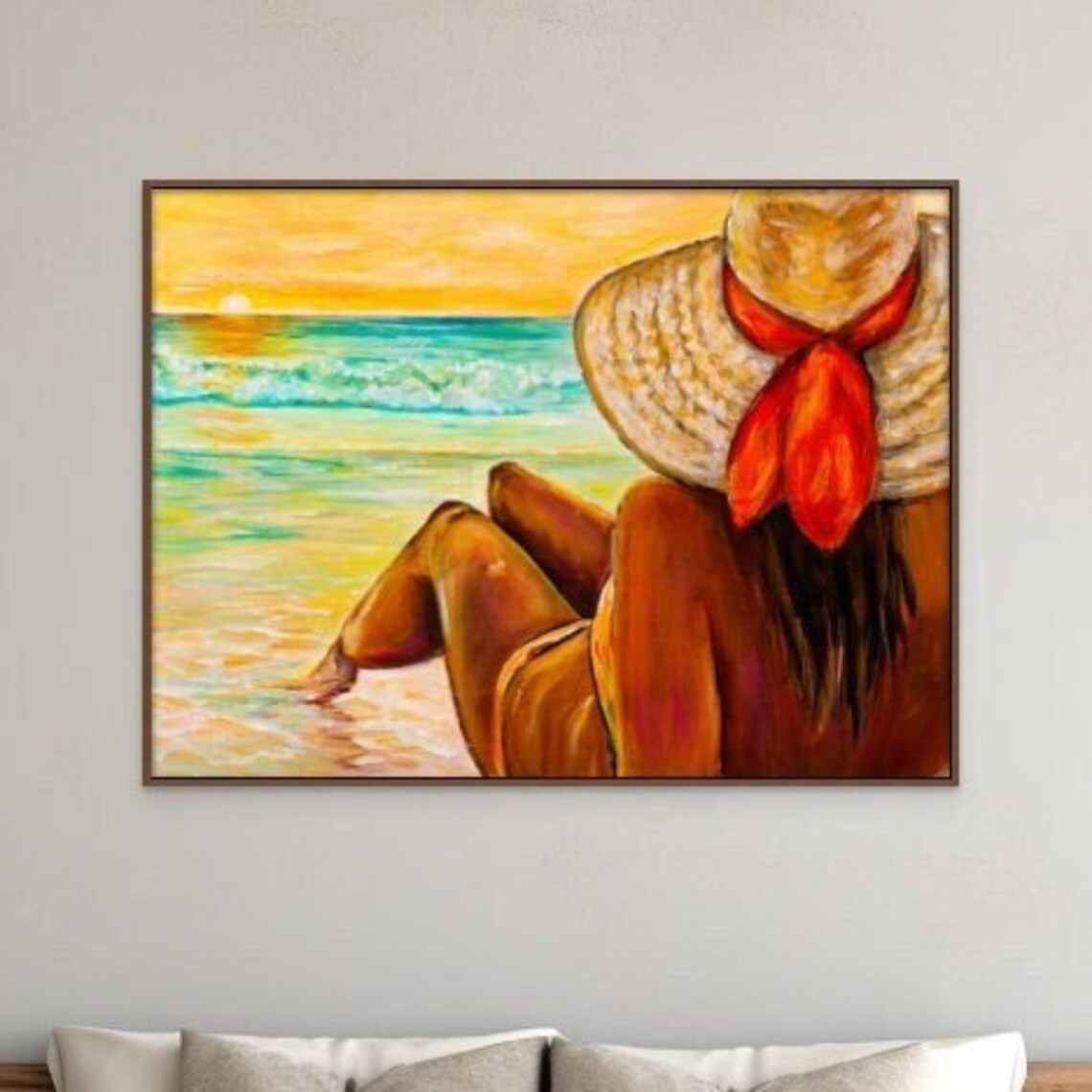 Woman Watching Sunset Beach Golden Hour Straw Hat Ocean Poster