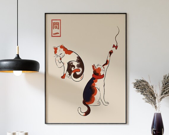 Japanese Cats Ink Wash Two Calico Cats Playful Animal Poster Japandi