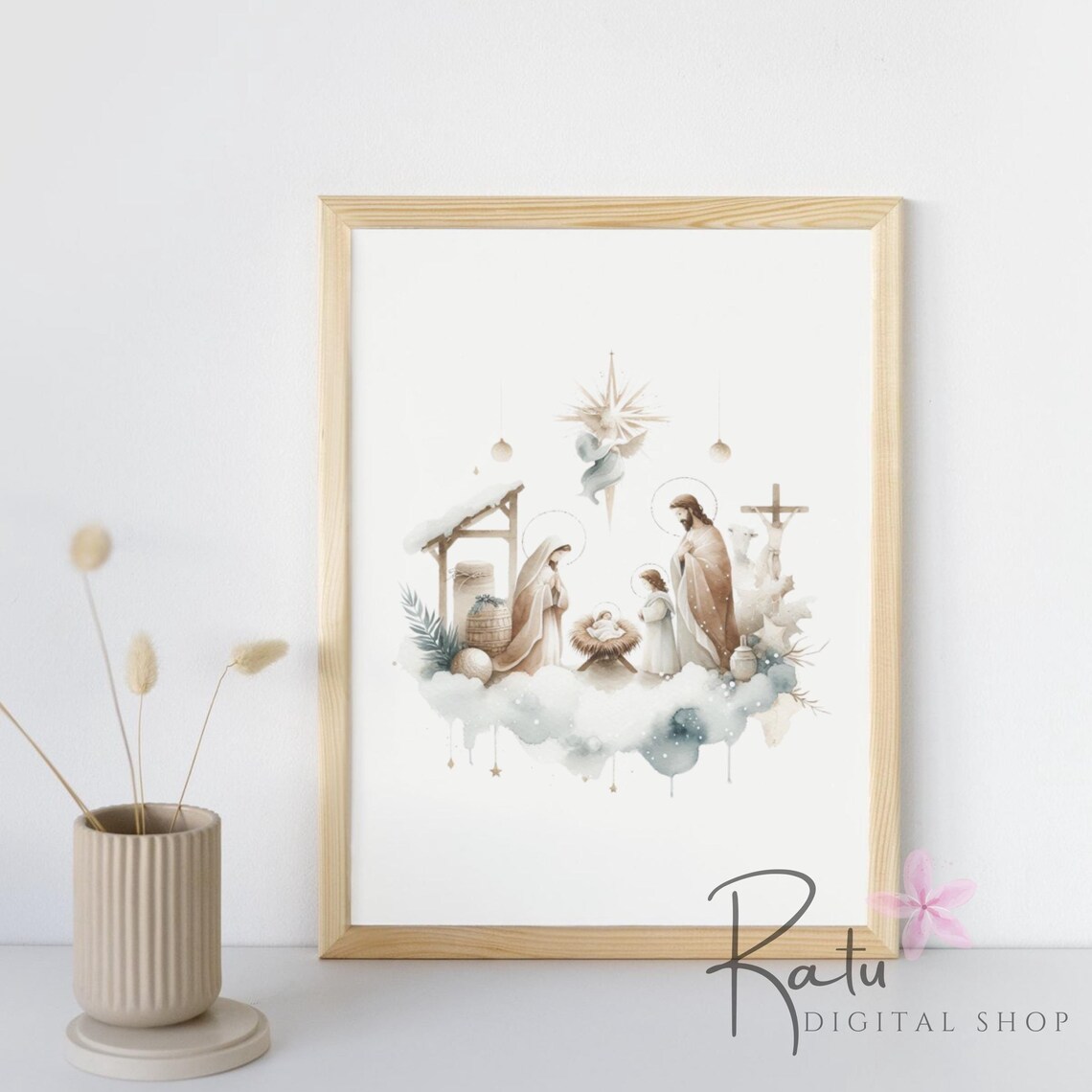 Watercolor Nativity Holy Family Angel Star Christmas Art Print - Image 3