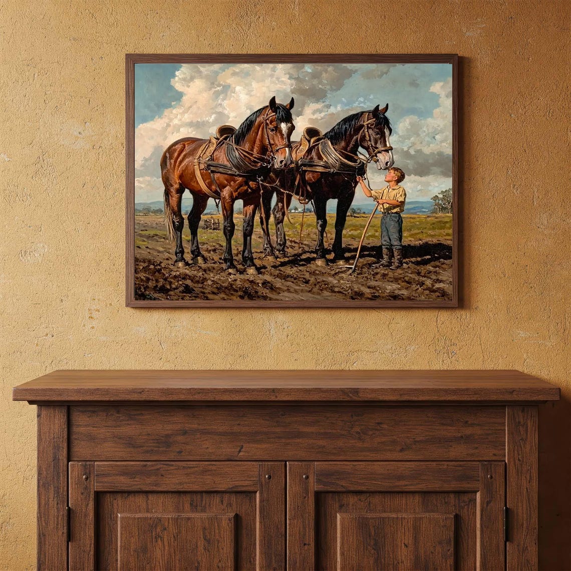 Two Work Horses with Farm Boy Rustic Equestrian Oil Painting Poster