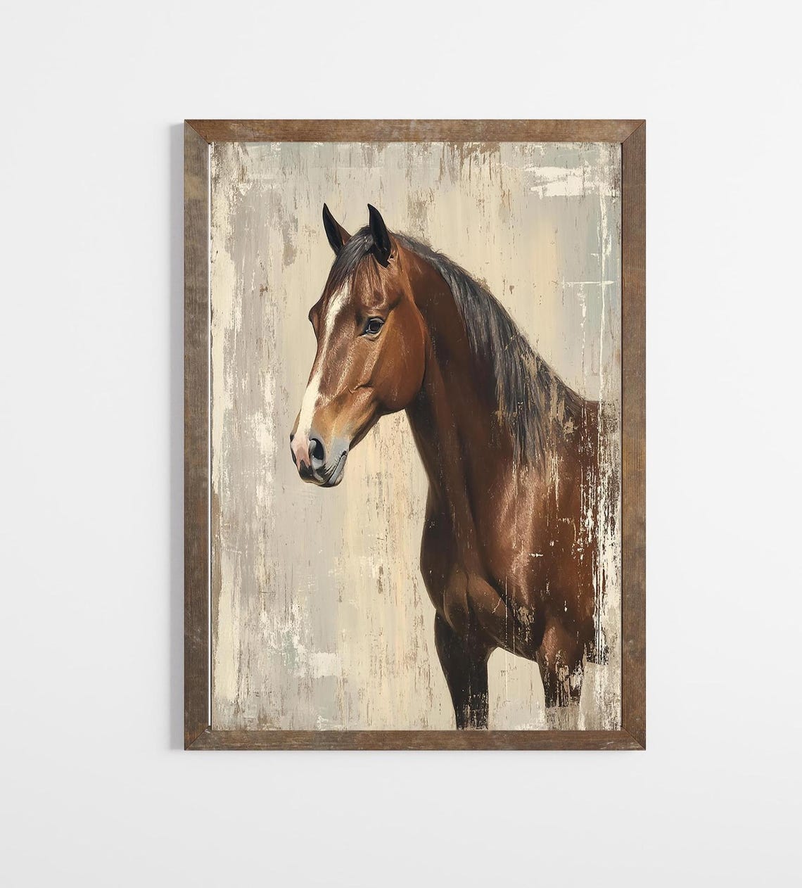 Bay Horse Head Portrait Distressed Rustic Equestrian Painting Poster