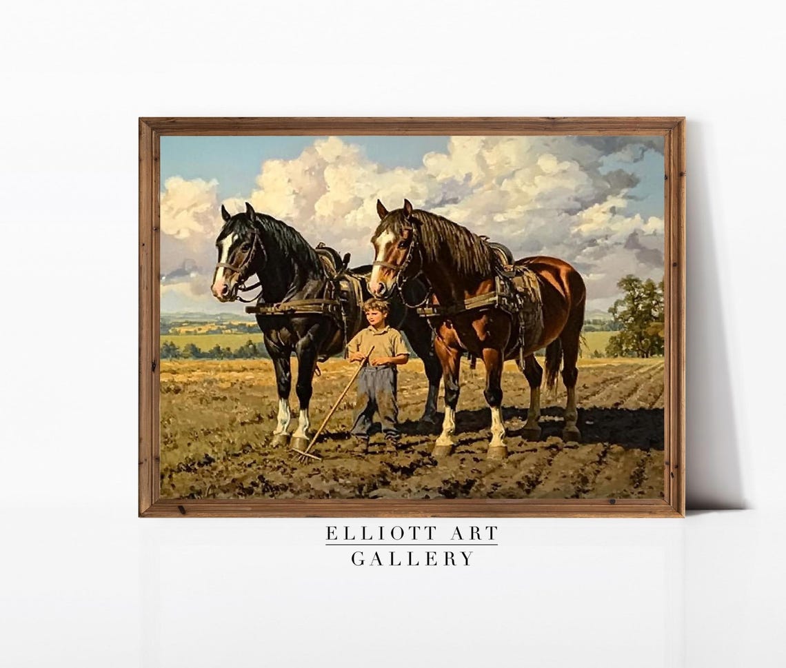 Two Dark Horses with Young Handler Under Stormy Sky Equestrian Poster