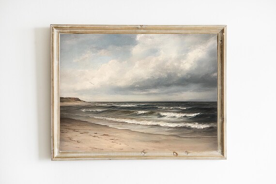 Vintage Muted Seaside Waves Crashing on Cloudy Beach Painting Poster
