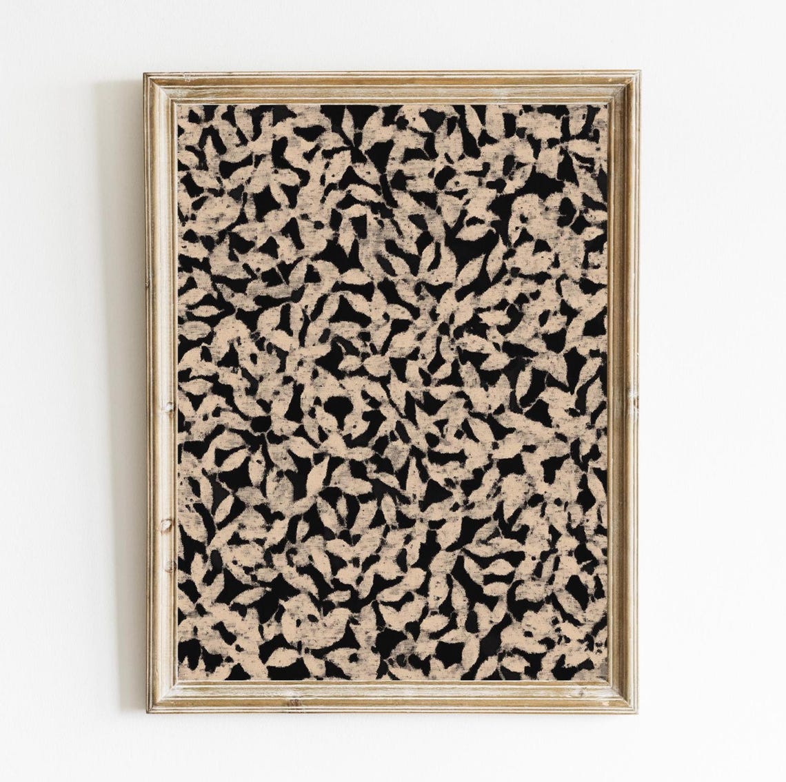 Neutral Botanical Leaf Pattern Textile Art Print in Black and Beige