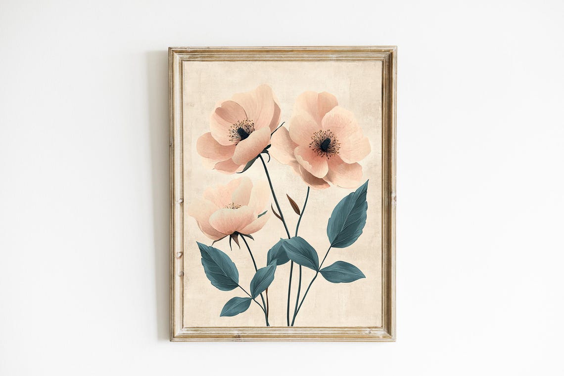 Soft Peach Anemone Floral Botanical Poster with Deep Teal Leaves