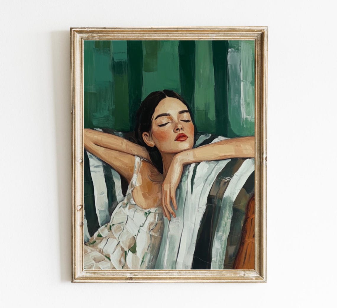 Emerald Green Reclining Woman Oil Painting Style Decor Art Poster
