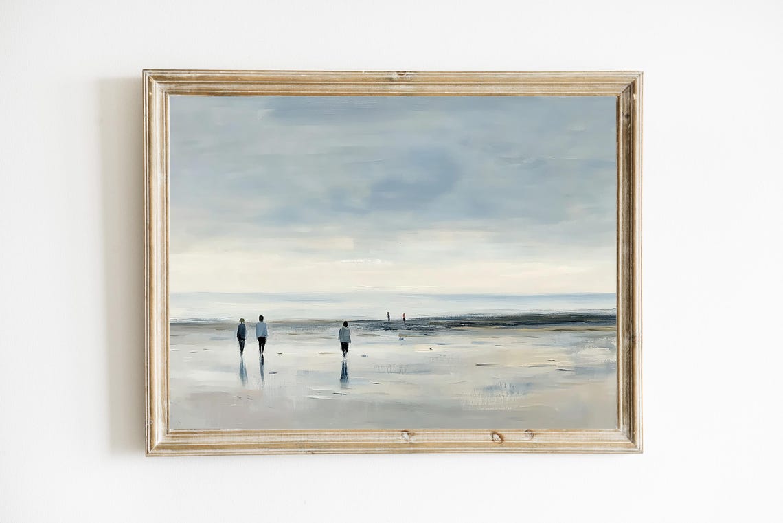 Moody Beach Figures Walking in Misty Blue Abstract Seascape Poster