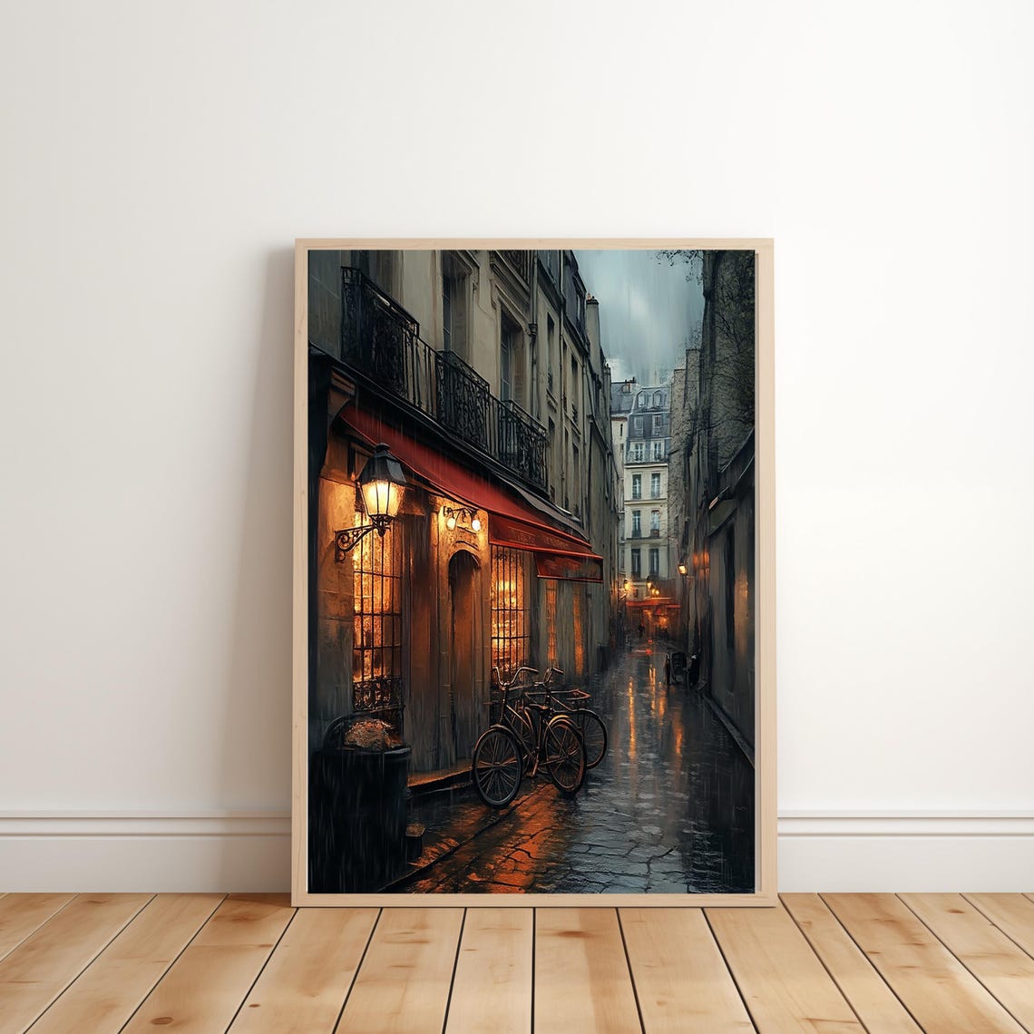 Paris Rainy Cobblestone Street Cafe Awning Bicycles Wall Art