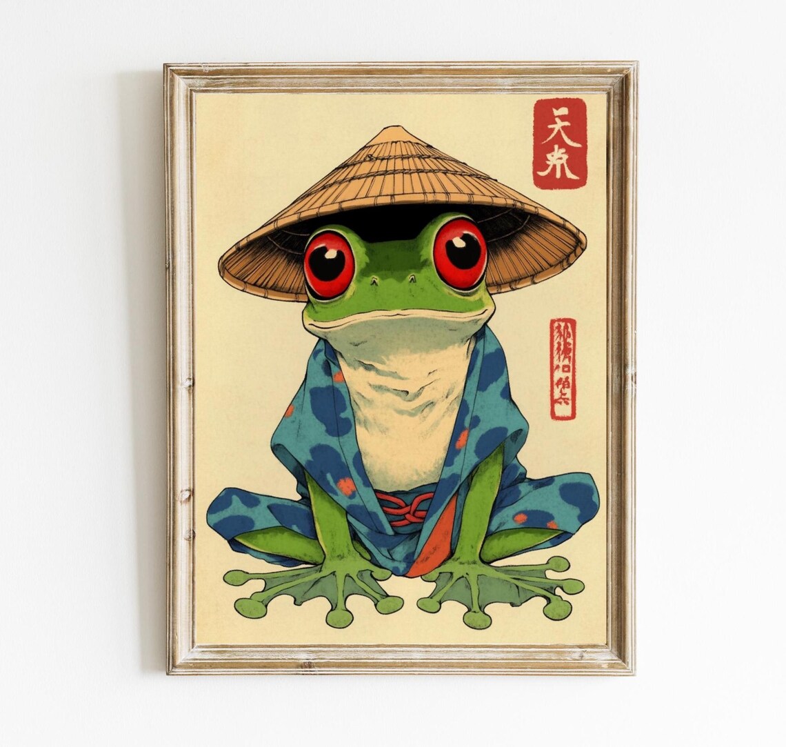 Green Tree Frog on Brown Japanese Woodblock Vintage Animal Print