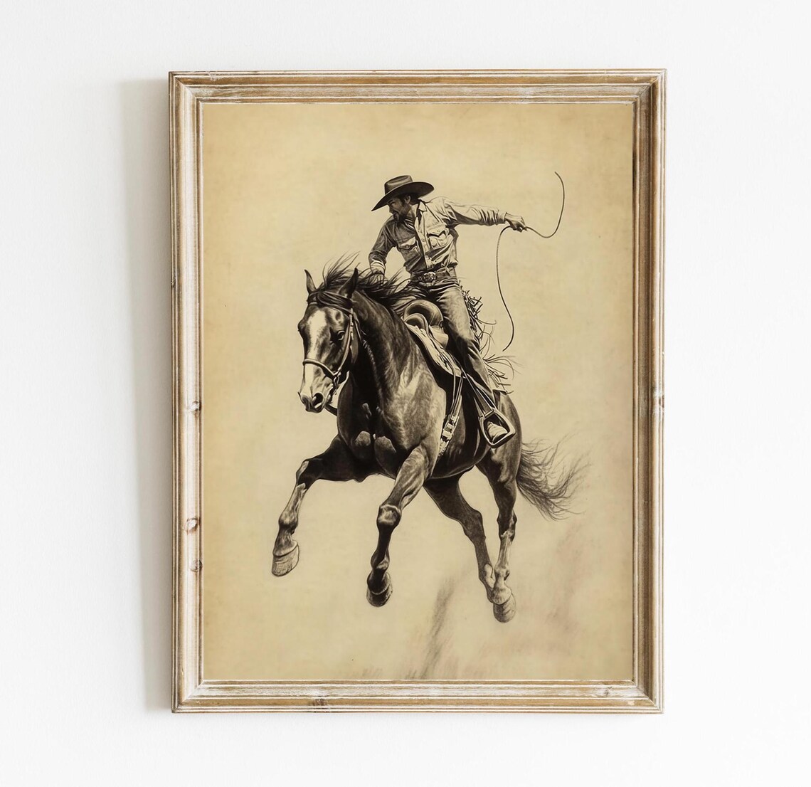 Cowboy Lasso Roping Leaping Horse Vintage Western Sketch Art Poster