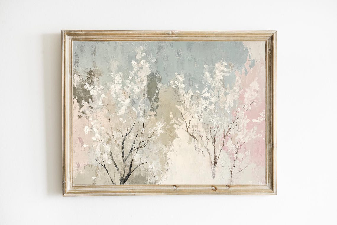 Soft Sage And Blush Abstract Blossom Trees Modern Decor Wall Art