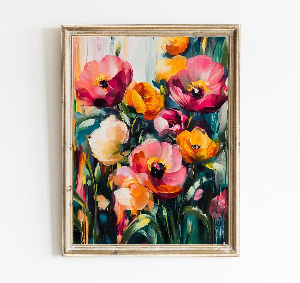 Vibrant Floral Bouquet Impasto Painting Boho Botanical Art Poster