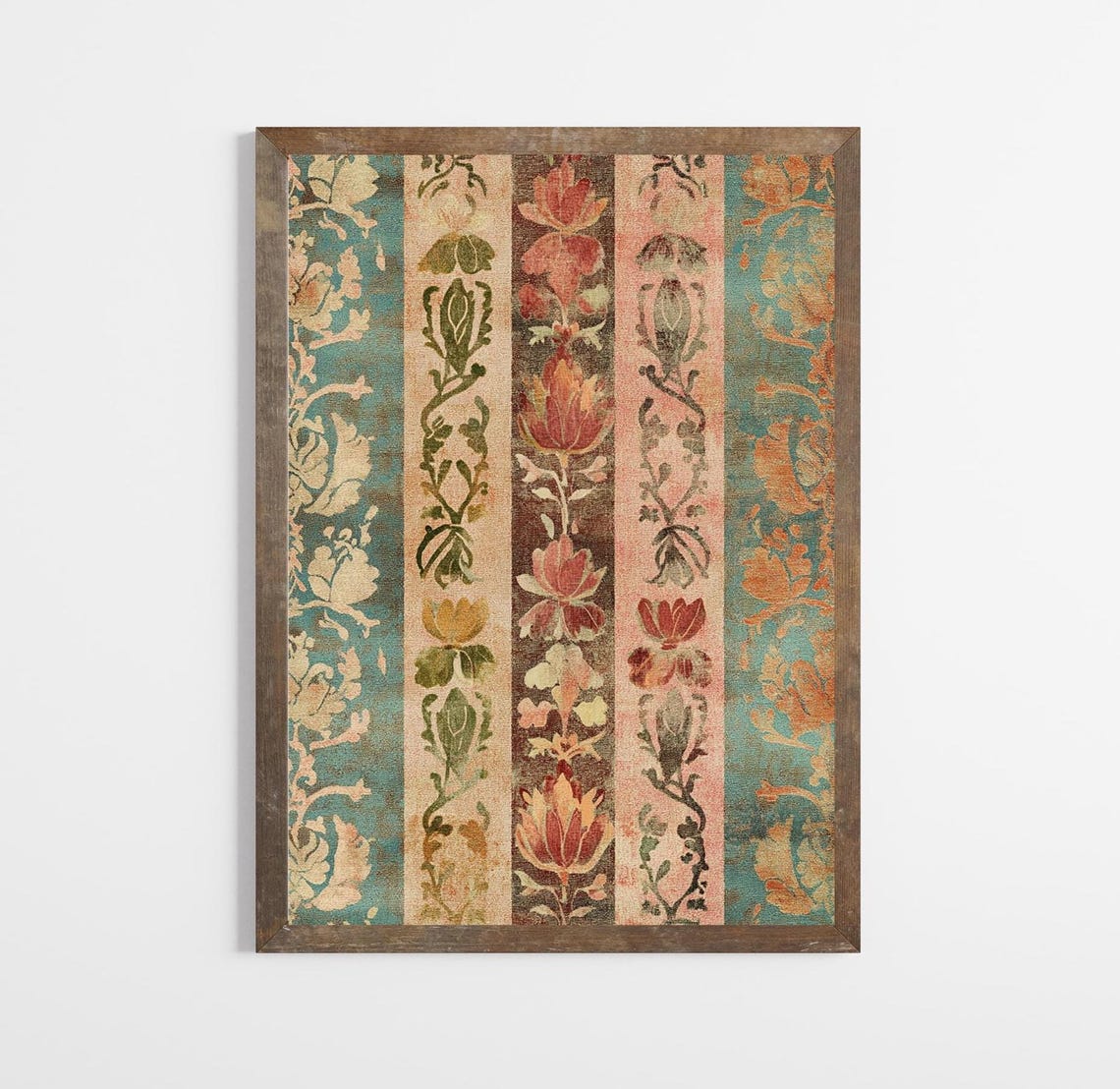 Spanish Vintage Floral Teal Striped Tapestry Botanical Wall Art