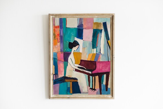 Cubist Woman Playing Grand Piano Colorful Abstract Music Poster