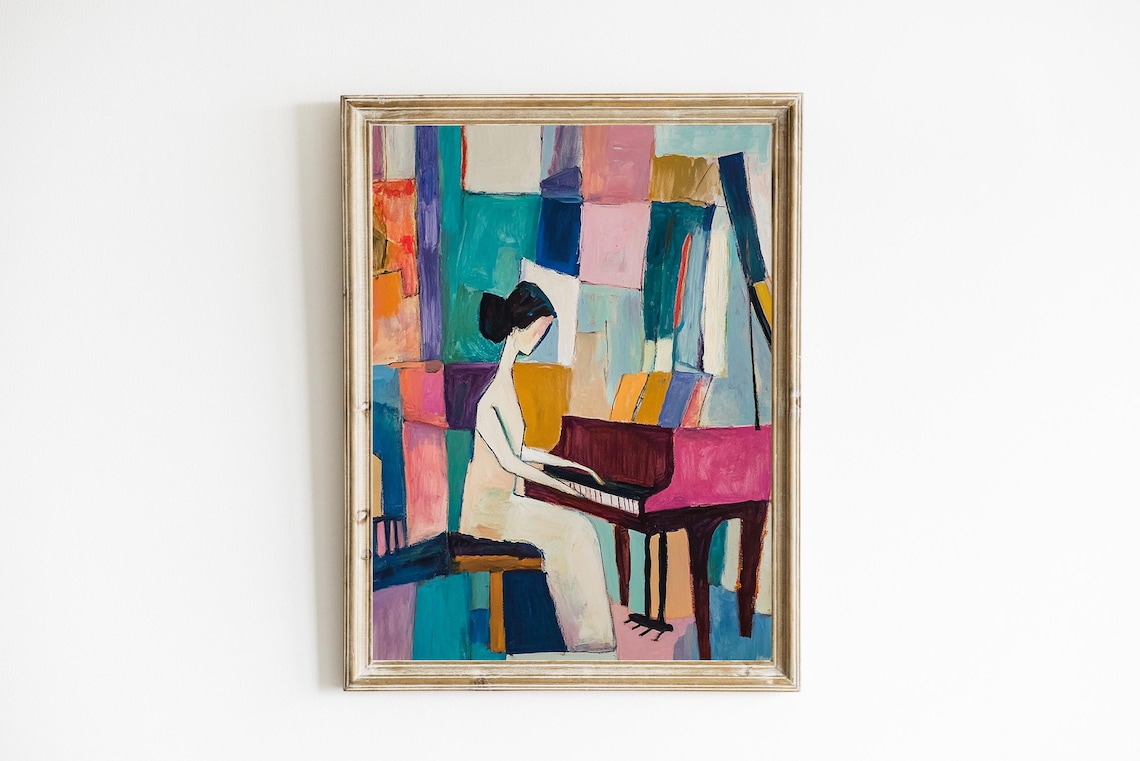 Cubist Woman Playing Grand Piano Colorful Abstract Music Poster