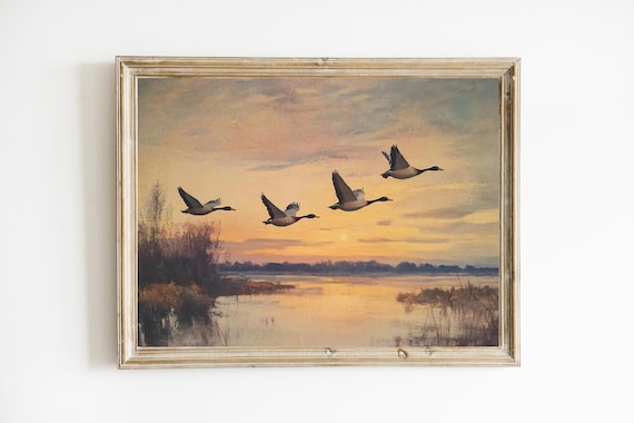 Ducks In Flight Over Marsh At Sunset Vintage Wildlife Scene Print